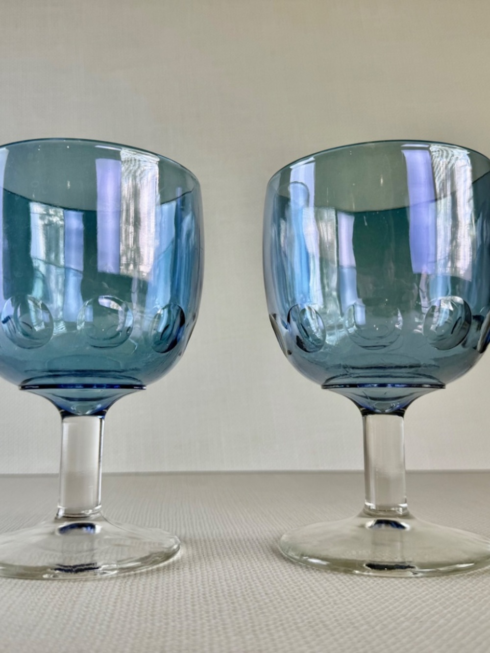 Vintage Bartlett Collins Blue Iridescent Thumbprint Goblets — Set of 2 - Picture 10 of 12
